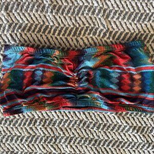 Blue Orange Tribal Patterned Tube Top Cropped Bandau Shirt Womans sz Small